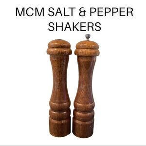 Vintage MCM wooden tall salt & pepper shaker grinder set